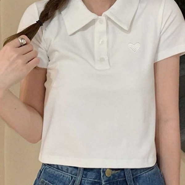 데일리 여성 크롭 카라 티 캐주얼 반팔 카라 티 베이직 - 상품 이미지