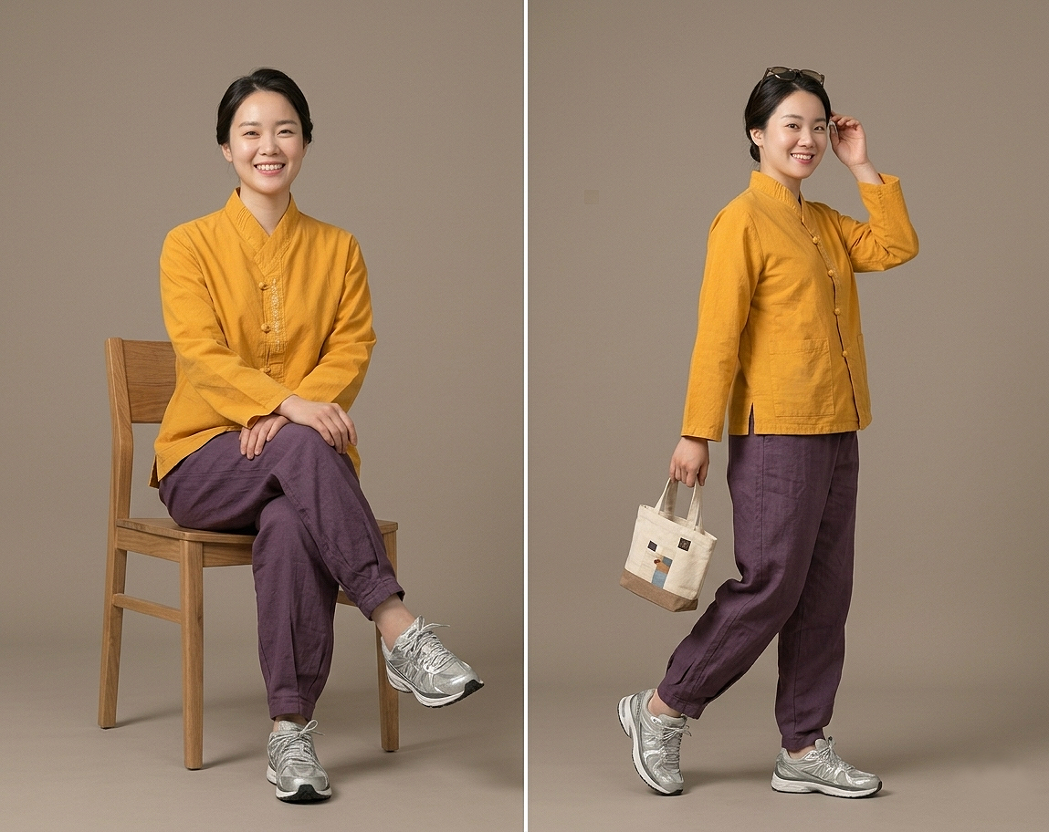 봄 가을 생활한복 저고리 바지 세트 달꽃문자수 남여공용 면100 10색상 - 상세 이미지 2