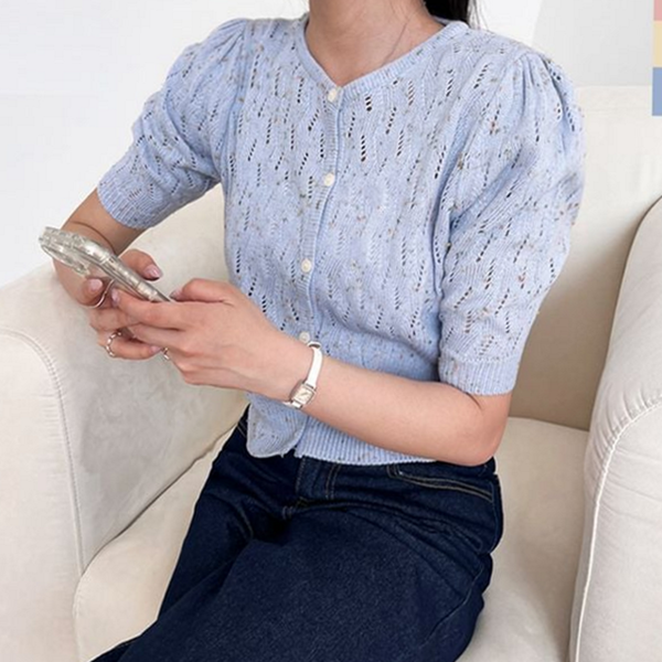 썸머 니트 가디건 라운드 펀칭 가디건 얇은 반팔 크롭 - 상품 이미지