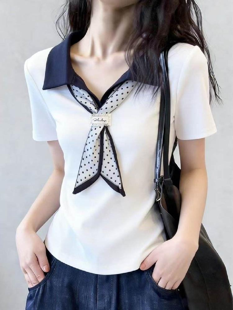 여성 폴로 티셔츠 반팔 캐주얼 골프 봄 여름 스카프 카라티 - 상세 이미지 3