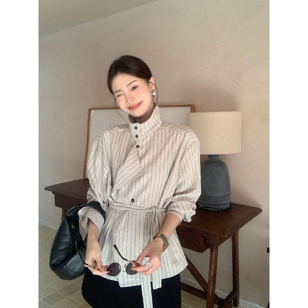 하이넥 자켓 스트라이프 블라우스 긴팔 - 상품 이미지