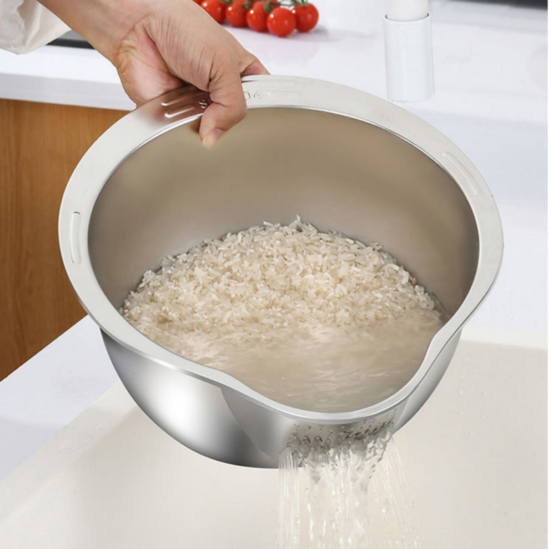 마시피렌체 스텐 쌀세척볼 쌀씻는 물빠짐 믹싱볼 야채 과일 다용도 스탠 세척통 - 상세 이미지 5