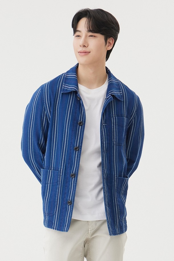 코오롱 브렌우드 데님 블루 스트라이프 초어 자켓 남성 캐주얼 워싱 자켓 비즈니스룩 간절기 - 상품 이미지