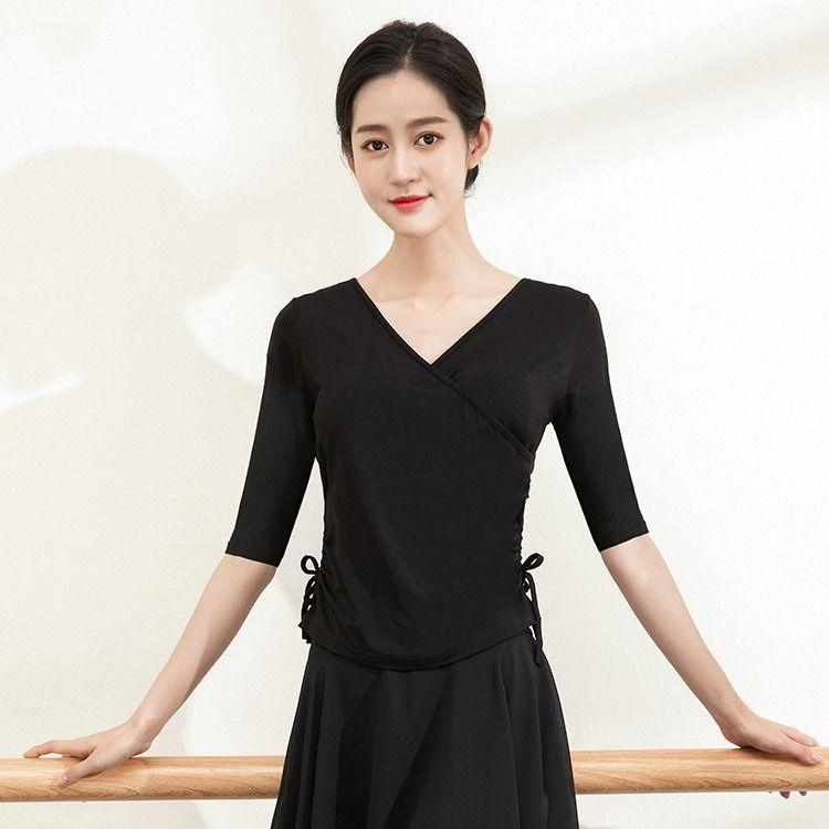 여서 무용 댄스복 라인댄스상의 공연복 댄스의상 줌바 블랙 중간소매 S - 상품 이미지
