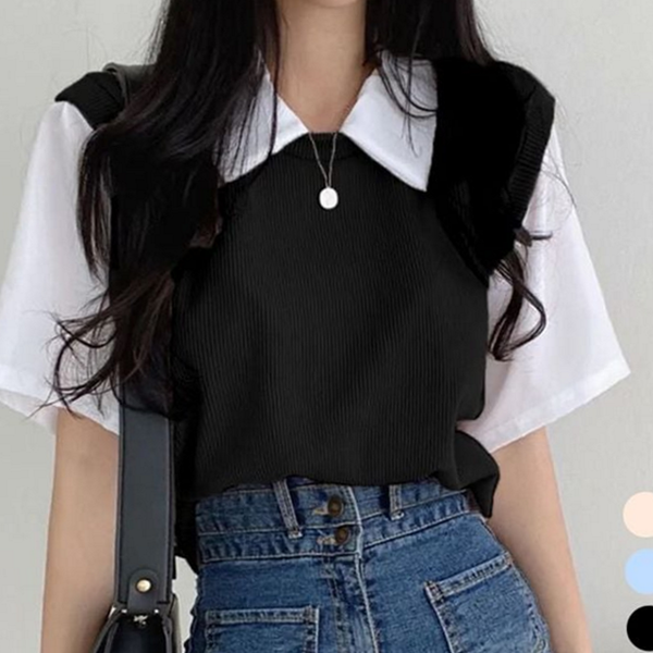 데일리 여성 레이어드 티셔츠 페이크 여성 반팔 티셔츠 셔츠 조끼 - 상품 이미지