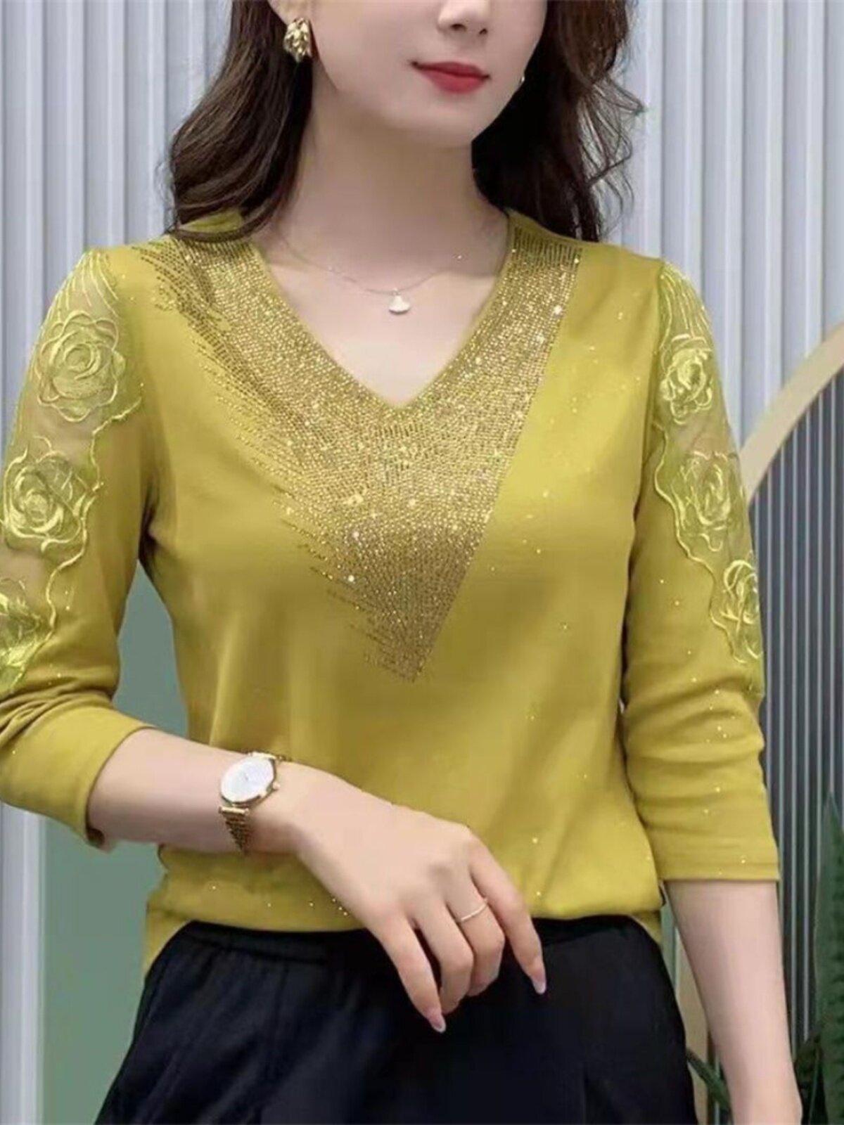 브이넥 칠부 소매 티셔츠 블링블링 라인댄스복 상의 라틴 왈츠 줌바 밸리복 사교 스포츠 댄스 - 상세 이미지 3