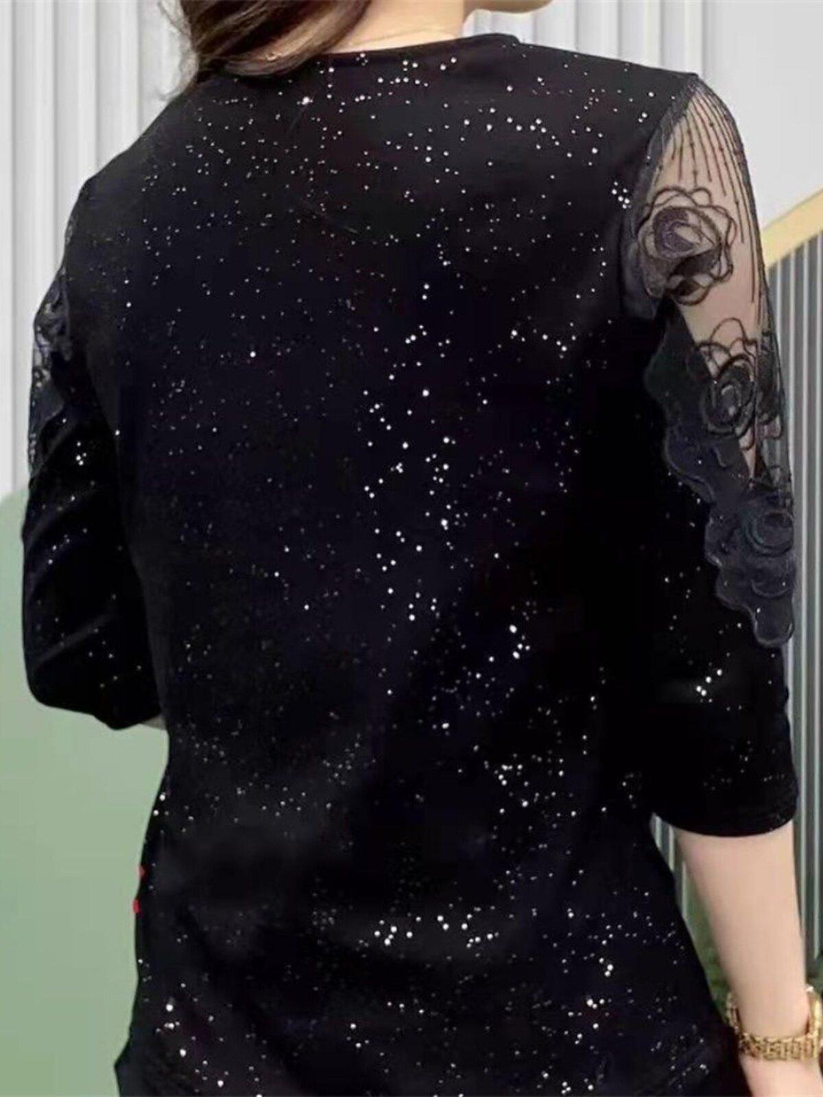 브이넥 칠부 소매 티셔츠 블링블링 라인댄스복 상의 라틴 왈츠 줌바 밸리복 사교 스포츠 댄스 - 상세 이미지 5