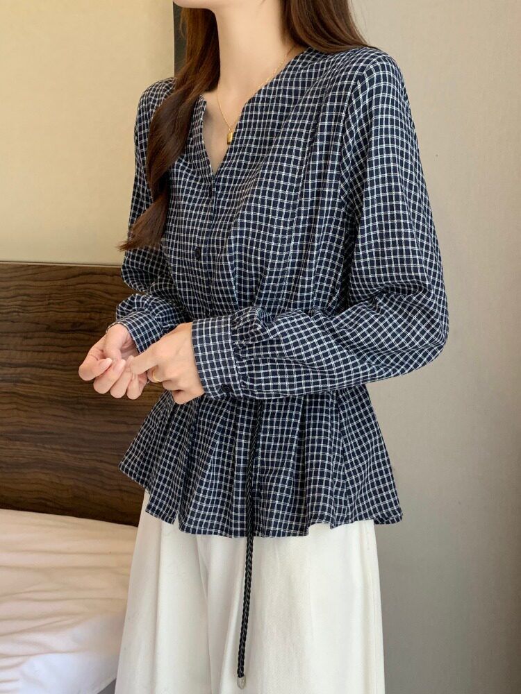 프렌치 체크 브이넥 긴팔 셔츠 여성 캐주얼 데일리 오피스룩 - 상세 이미지 5