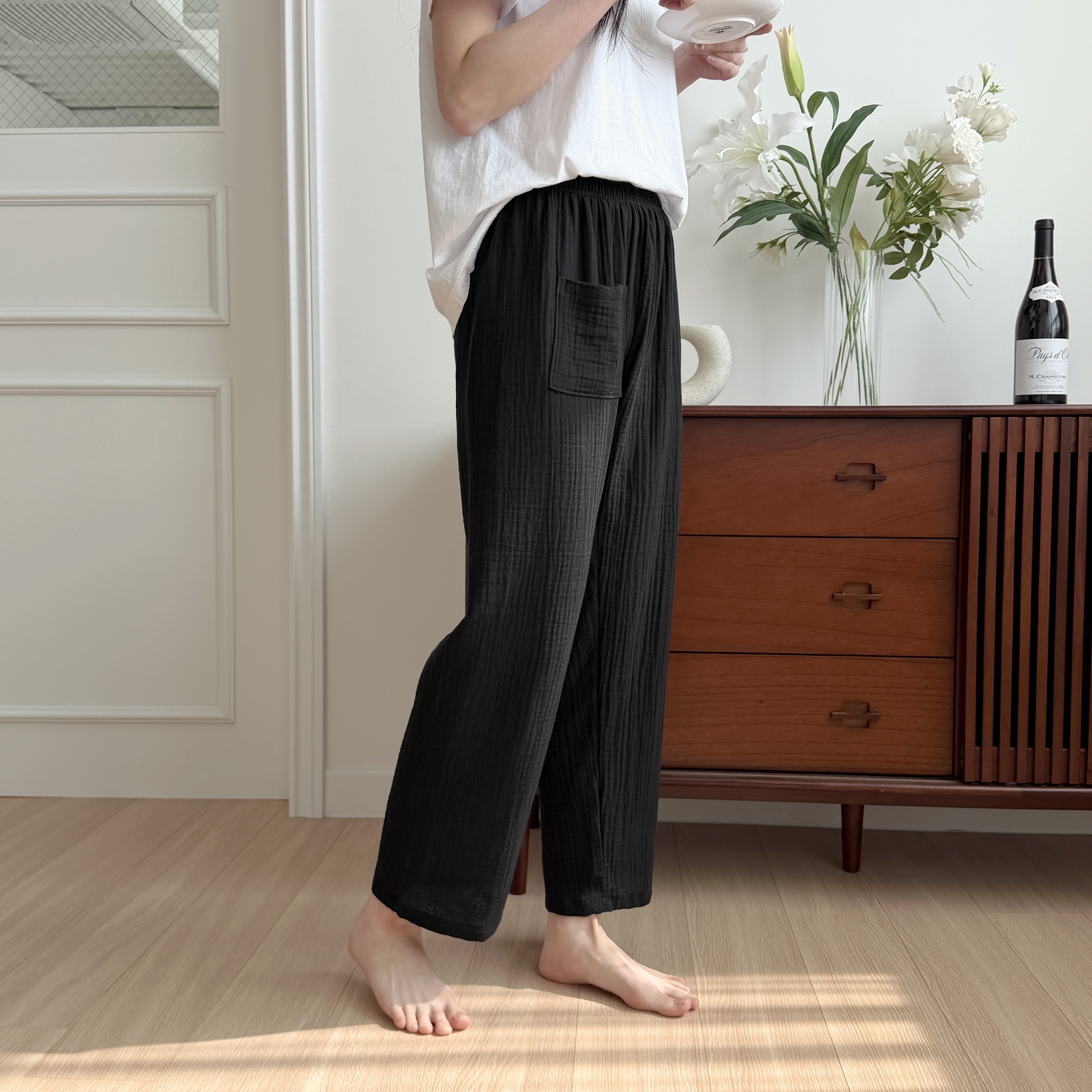 국산 면100잠옷 순면파자마 요루면 블랙거즈 잠옷바지 이미지 8
