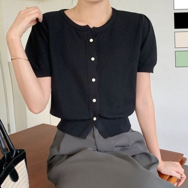 크롭 여성 반팔 가디건 퍼프 반팔 가디건 라운드 여름 - 상품 이미지