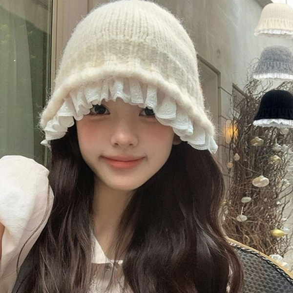 따뜻한 니트 버킷 햇 레이스 여성 니트 벙거지 데일리 겨울 - 상품 이미지