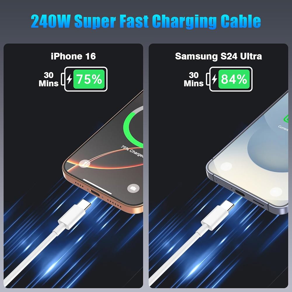 QZIIW USB C to 케이블, 240W 고속 충전 3팩 [3/6/10FT] 타입 충전기 코드, 17 16 15 프로 맥스 삼성 S25 S24 노트북 맥북 스위치 스팀 덱 등. - 상세 이미지 3