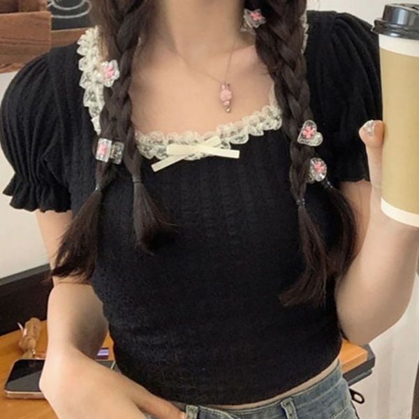 데일리 여성 크롭 반팔 티 레이스 스퀘어넥 반팔 티 티셔츠 - 상품 이미지