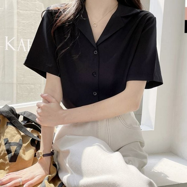 오픈카라 카라 블라우스 루즈핏 여성 반팔 블라우스 데일리 여름 - 상품 이미지