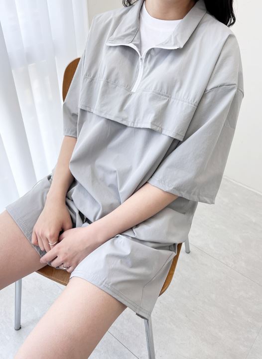 루즈핏 반집업 아노락 허리밴딩 반바지 편하게 입는 여름 데일리 세트 - 상품 이미지