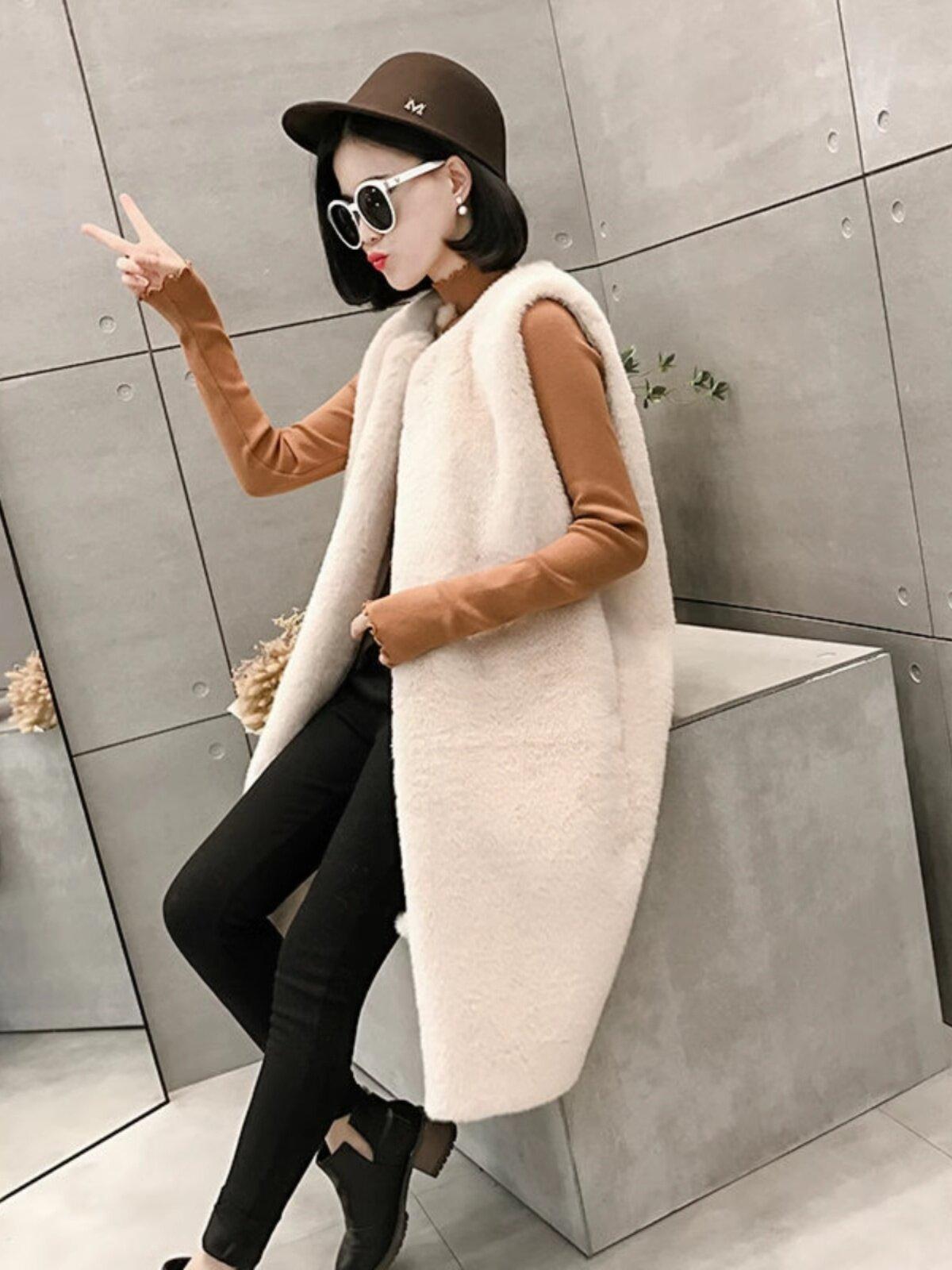 퍼 간절기 여성 라운드넥 코디 소프트 빅사이즈 페이크퍼 조끼 롱 - 상세 이미지 5