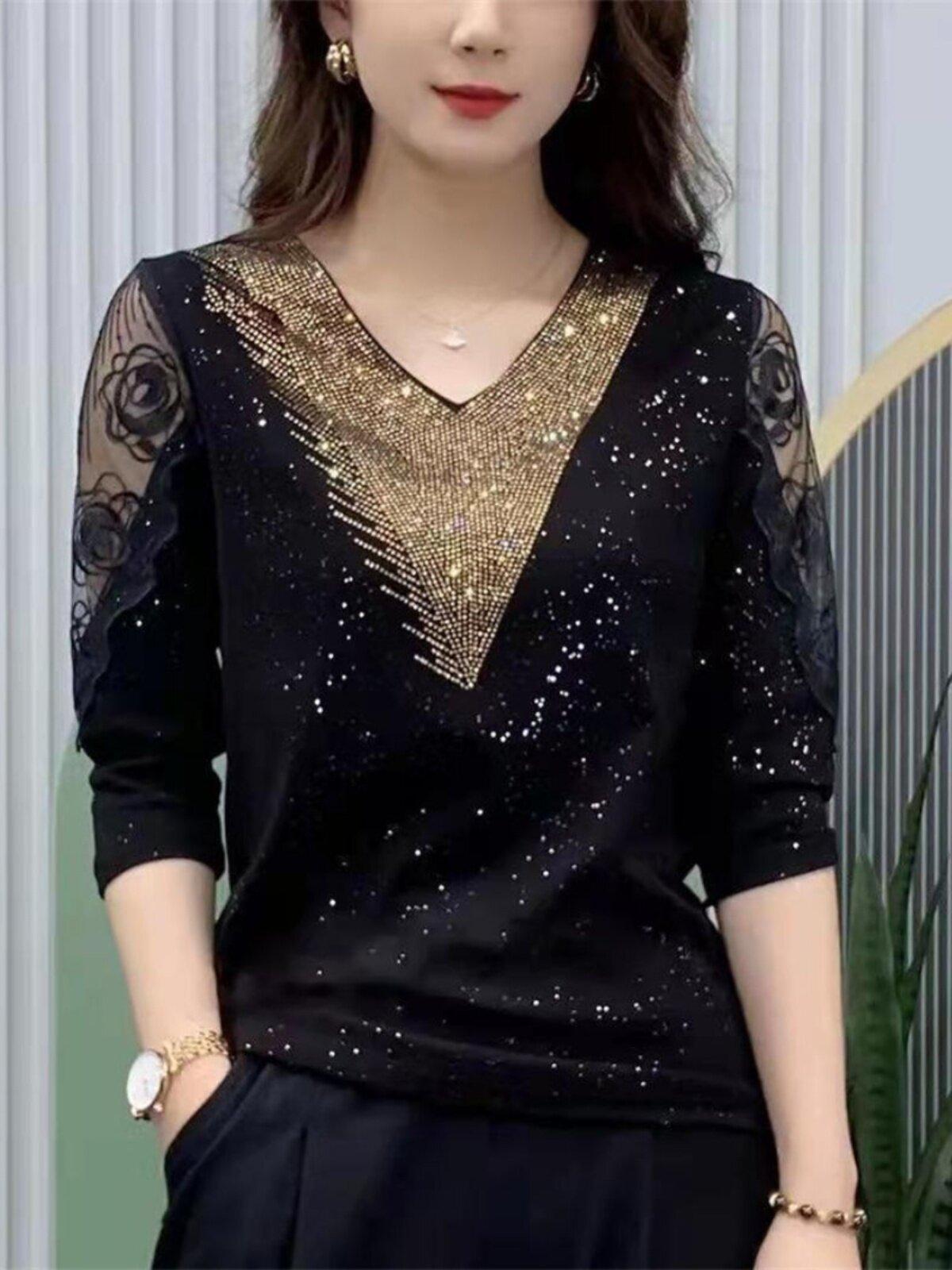 브이넥 칠부 소매 티셔츠 블링블링 라인댄스복 상의 라틴 왈츠 줌바 밸리복 사교 스포츠 댄스 - 상세 이미지 2