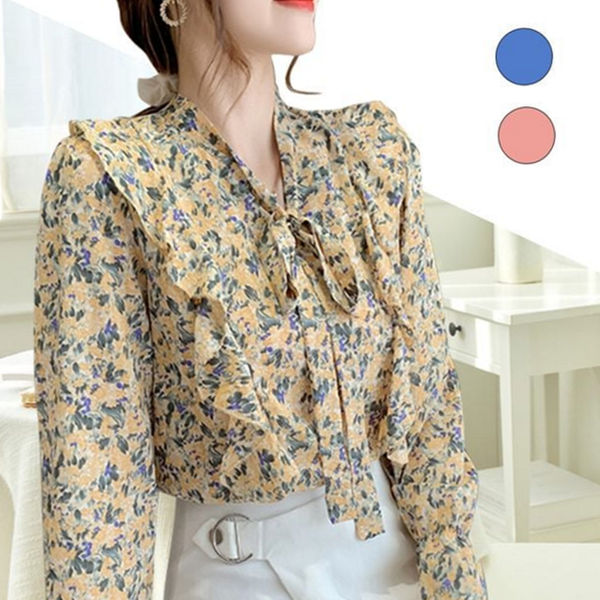 데일리 여성 플라워 블라우스 프릴 여성 쉬폰 블라우스 리본 여름 - 상품 이미지