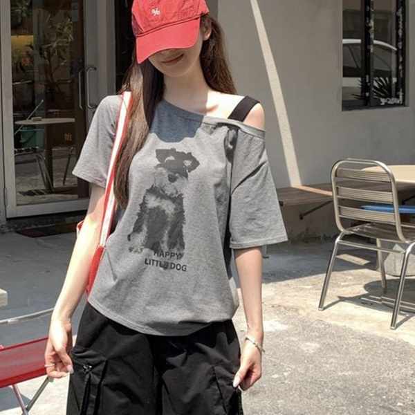 루즈핏 여성 오프숄더 티셔츠 데일리 반팔 티셔츠 언발 여름 - 상품 이미지