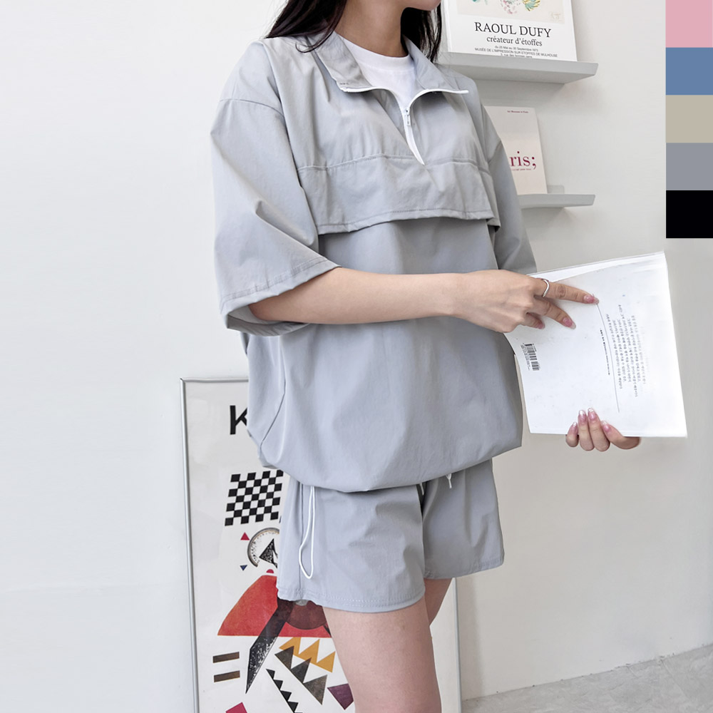 루즈핏 반집업 아노락 허리밴딩 반바지 편하게 입는 여름 데일리 세트 - 상세 이미지 3