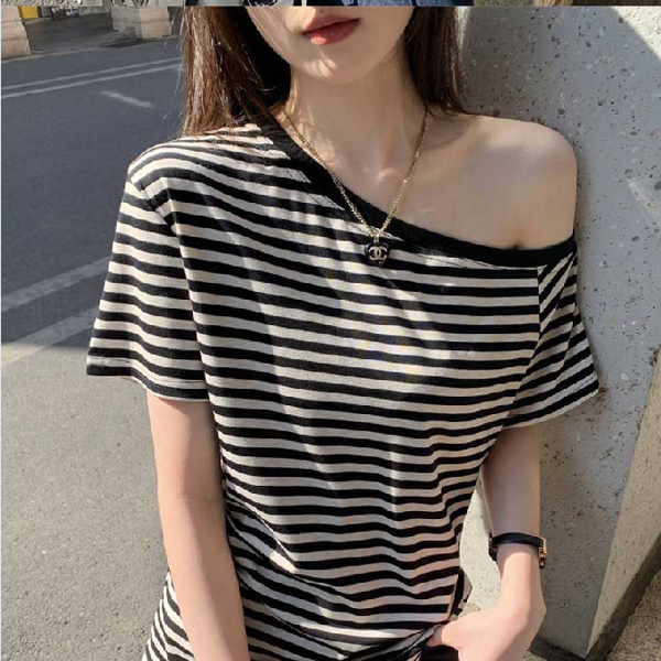 루즈핏 여성 오프숄더 티셔츠 넥스트라이프 스트라이프 티셔츠 데일리 여름 - 상품 이미지