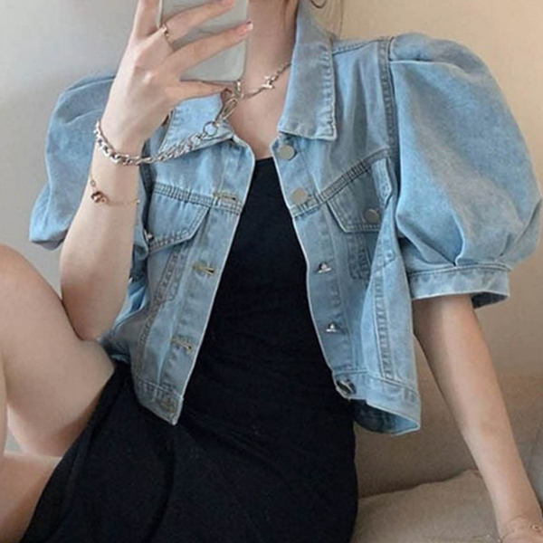 여름 여성 반팔 청 자켓 벌룬 반팔 청 자켓 데님 - 상품 이미지