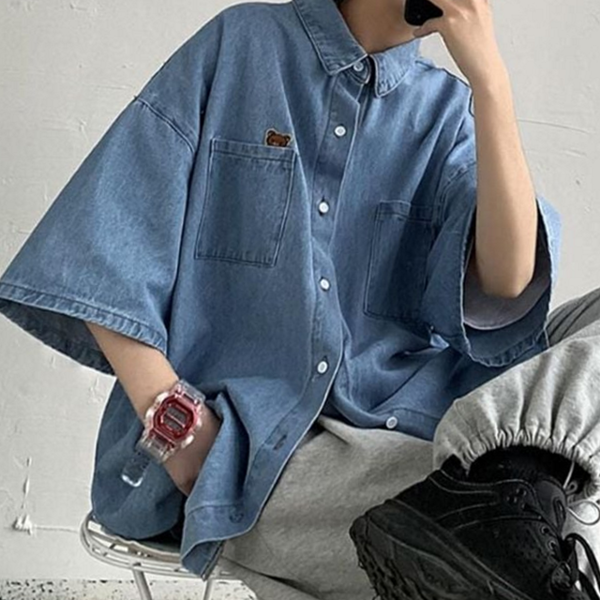 루즈핏 남성 데님 셔츠 캐주얼 데님 셔츠 데일리 반팔 - 상품 이미지