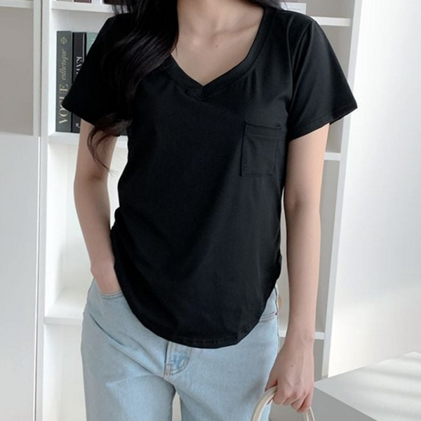 무지 브이넥 티셔츠 라운드 여성 브이넥 반팔 여름 기본 - 상품 이미지