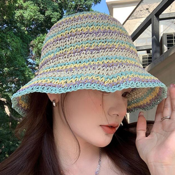 바캉스 여름 밀짚 모자 라피아 컬러버킷 햇 벙거지 해변 - 상품 이미지