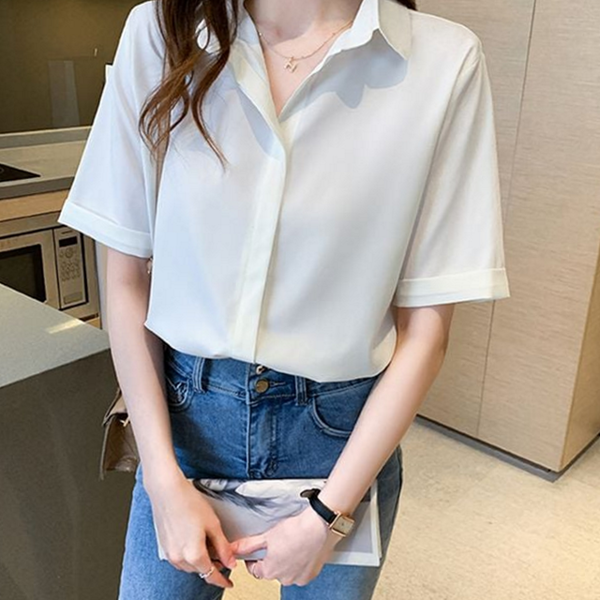 무지 여성 쉬폰 셔츠 루즈핏 여성 반팔 셔츠 블라우스 여름 - 상품 이미지