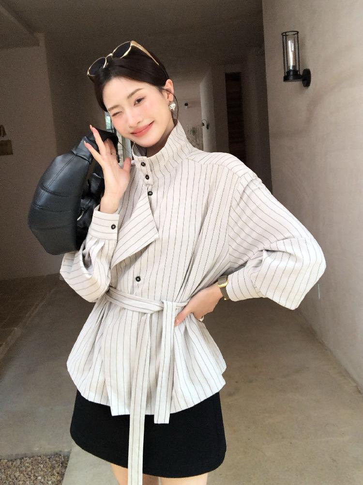 하이넥 자켓 스트라이프 블라우스 긴팔 - 상세 이미지 5