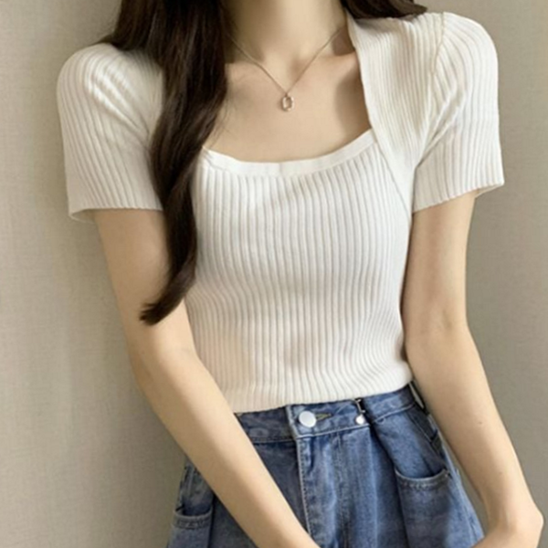 슬림핏 여성 반팔 티셔츠 골지 여성 스퀘어넥 티셔츠 무지티셔츠 여름 - 상품 이미지