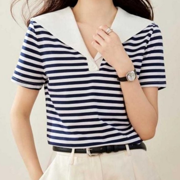 데일리 여성 반팔 티셔츠 마린룩 여성 스트라이프 티셔츠 여름 카라 - 상품 이미지