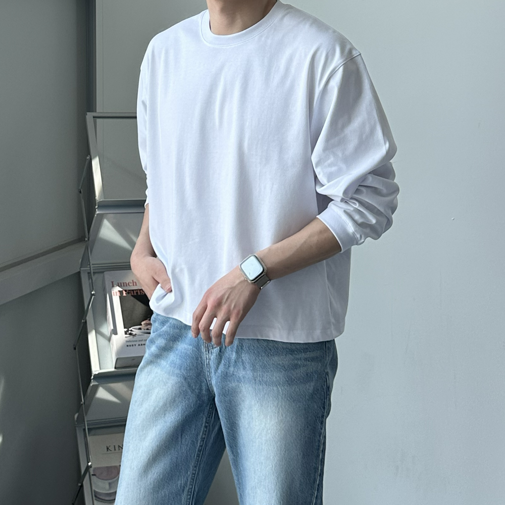 남자 티셔츠 오버핏 시보리 회색 흰색 무지 남자 긴팔티 - 상품 이미지