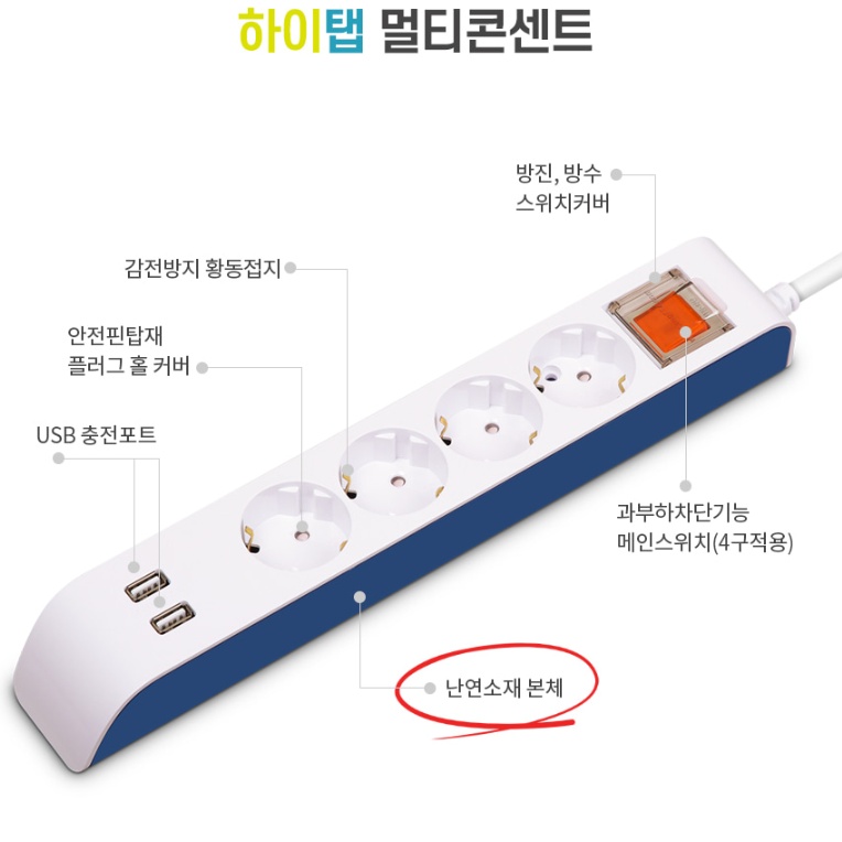 2구콘센트 3m 국산멀티탭 USB충전포트 현대 하이탭 멀티탭 이미지 8