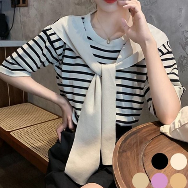데일리 여성 줄무늬 티셔츠 캐주얼 여성 라운드 넥 티셔츠 여름 - 상품 이미지