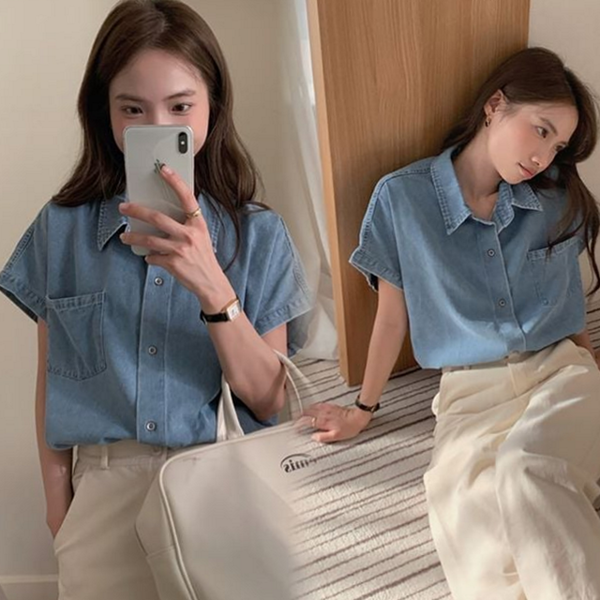 루즈핏 여성 데님 셔츠 기본 청남방 여름 반팔 - 상품 이미지