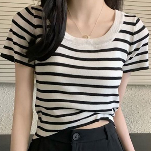 데일리 여성 반팔 티 스트라이프 반팔 티셔츠 라운드 슬림핏 - 상품 이미지
