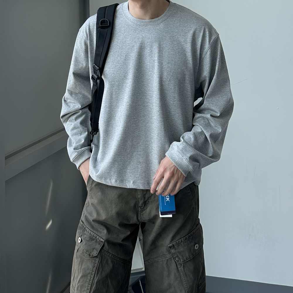 남자 티셔츠 오버핏 시보리 회색 흰색 무지 남자 긴팔티 - 상세 이미지 2