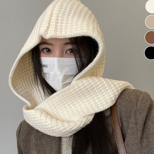 일체형 후드 니트 머플러 솔리드 후드 워머 머플러 스카프 목도리 - 상품 이미지