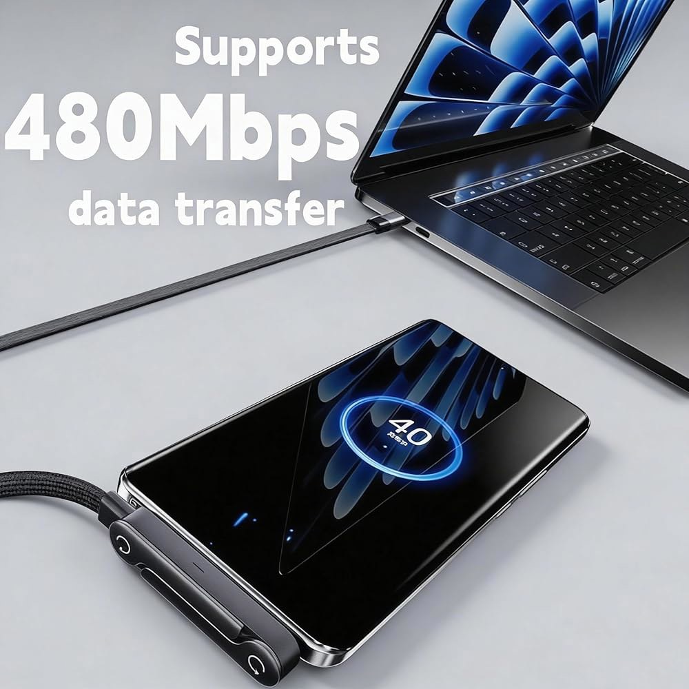 HOSYH 240W 인비저블 스탠드 고속 충전 케이블, USB C to 플랫 90도 각도, 사이드 폰 타입 충전기 코드(4.9FT), 17 시리즈(블랙)와 호환 가능 2 - 상세 이미지 2