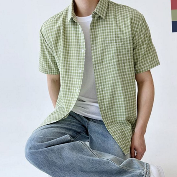 루즈핏 남성 시어서커 셔츠 캐주얼 남성 체크 남방 데일리 반팔 - 상품 이미지