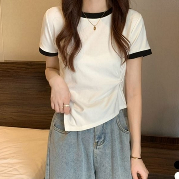 루즈핏 여성 반팔 티셔츠 라운드 여성 셔링 티셔츠 데일리 여름 - 상품 이미지