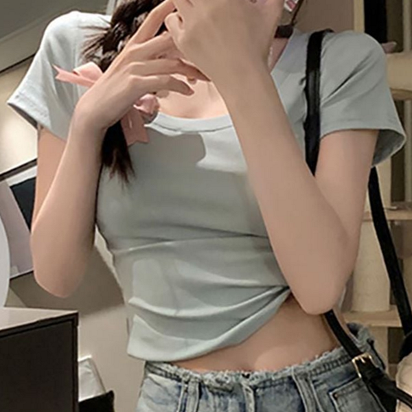 데일리 여성 크롭 반팔 티 슬림핏 캡 소매 티셔츠 무지 - 상품 이미지