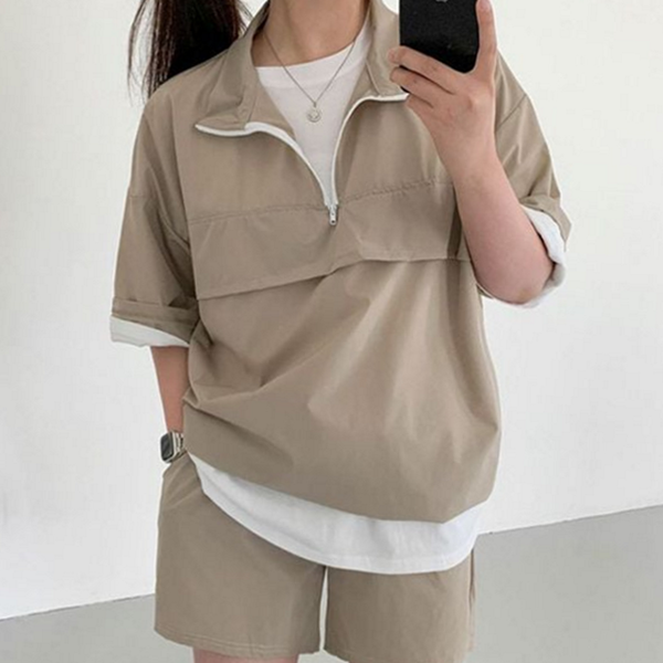 반팔 여성 반집업 셋업 반바지 여성 트레이닝 셋업 상하의 - 상품 이미지