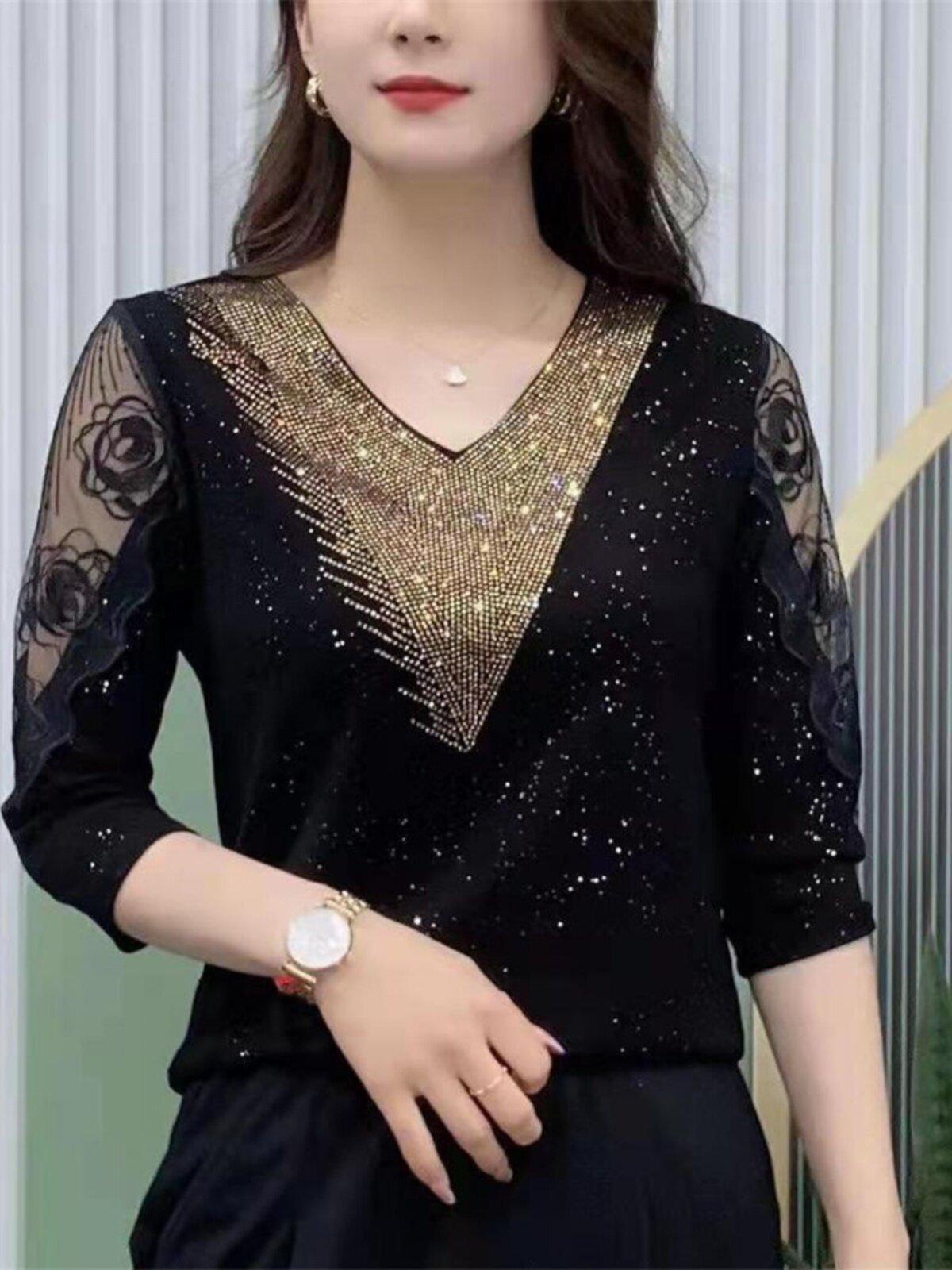 브이넥 칠부 소매 티셔츠 블링블링 라인댄스복 상의 라틴 왈츠 줌바 밸리복 사교 스포츠 댄스 - 상세 이미지 4