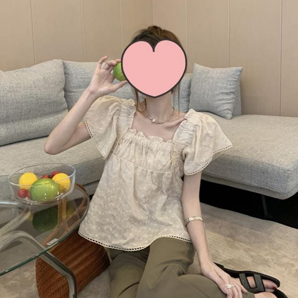 레이스 여성 반팔 블라우스 스퀘어넥 여름 반팔 블라우스 시스루 퍼프 - 상품 이미지