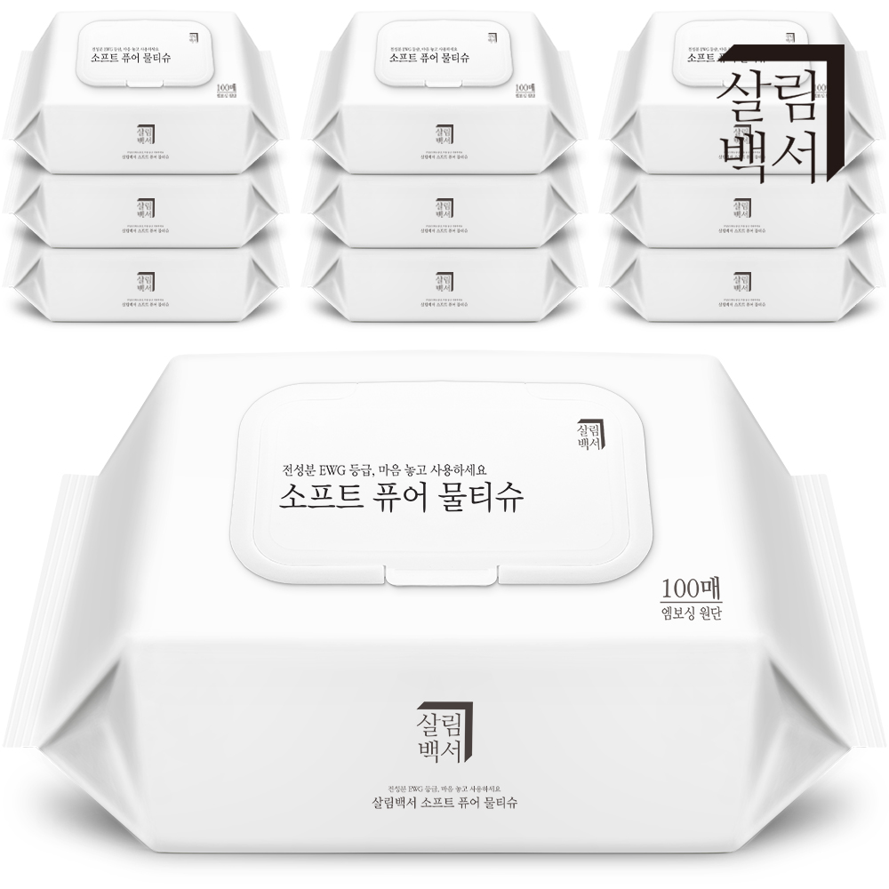 살림백서 소프트 퓨어 아기 신생아 대용량 물티슈 엠보싱 도톰한 100매, 10개 상품 이미지