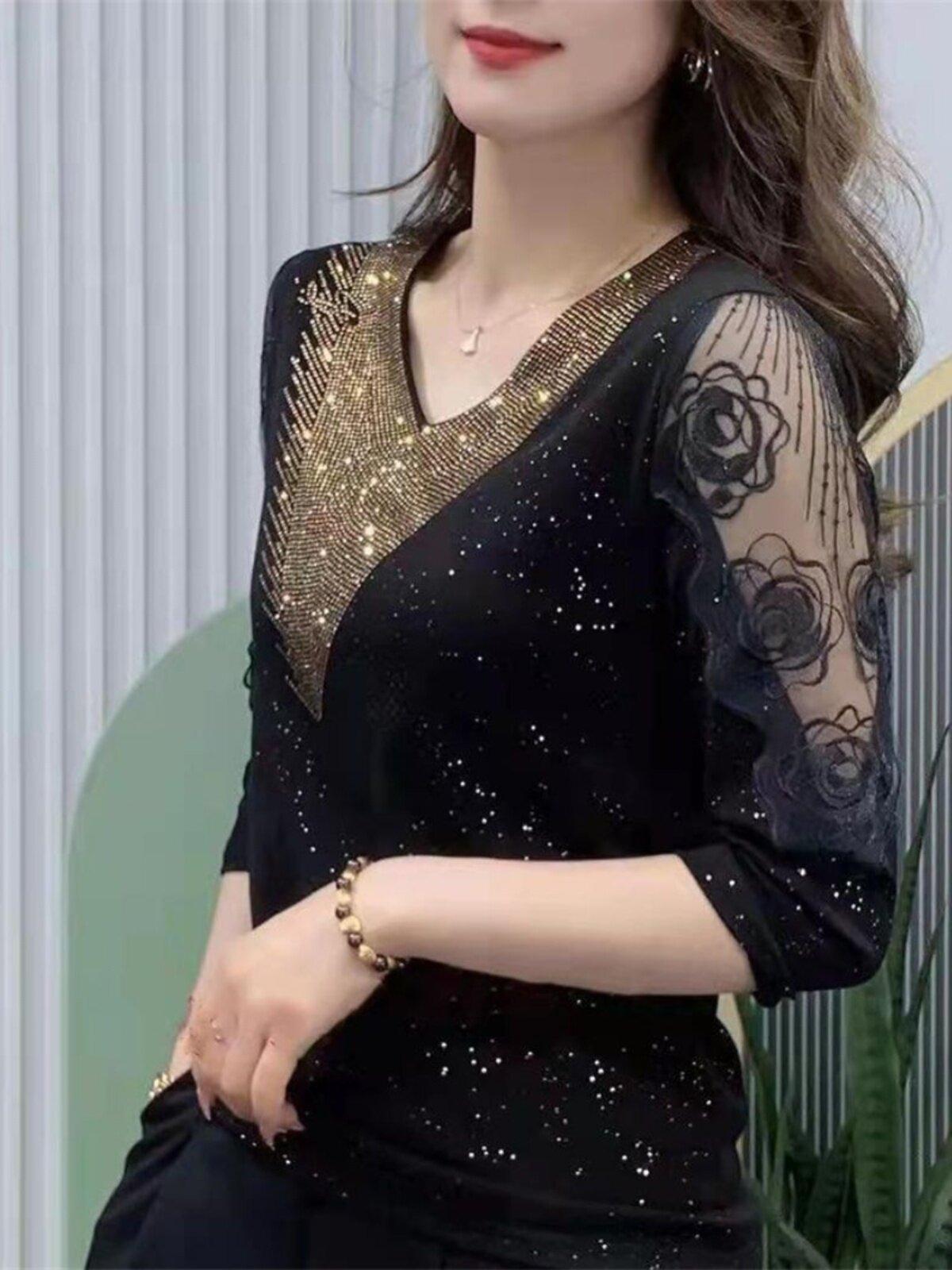 브이넥 칠부 소매 티셔츠 블링블링 라인댄스복 상의 라틴 왈츠 줌바 밸리복 사교 스포츠 댄스 - 상품 이미지