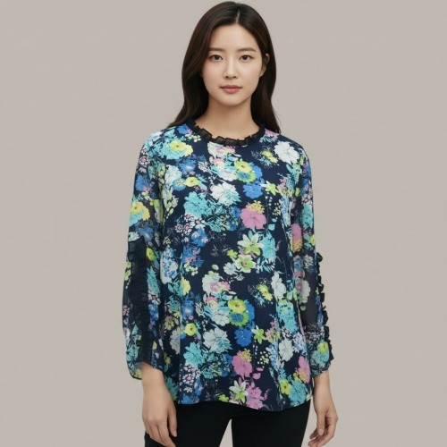 엄마옷 조이마담 T51854 프릴배색 플라워 쉬폰 블라우스 중년여성의류 - 상품 이미지